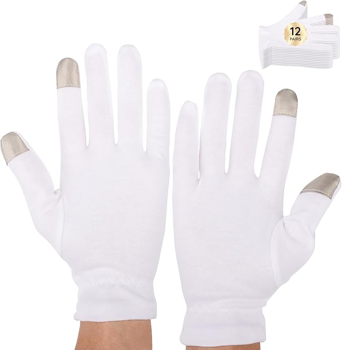 Segbeauty 24 Counts Moisturizing Cotton Gloves with Touchscreen Fingertips, Sleeping Gloves for Dry Hands with Elastic Band, Soft Hand Gloves for Women Men Cotton Sleep Gloves for Coin Art Work Medium