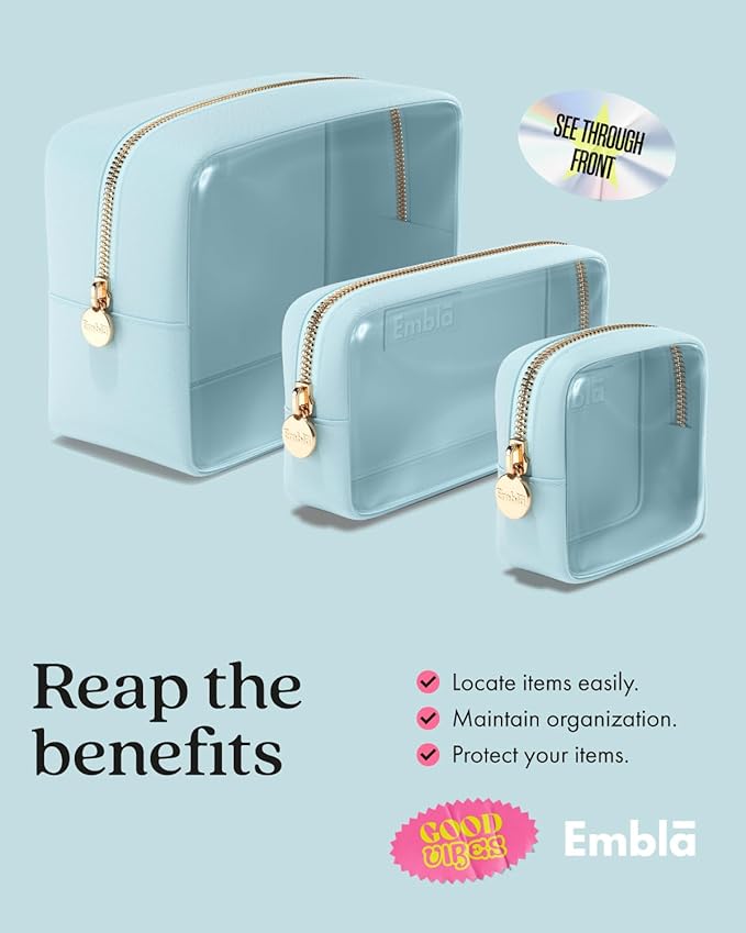 Clear Cosmetic Bags Set of 3, Mini Small Large Makeup Bags For Women Clear Pouch Cosmetics Cases Zipper Cute Pouches Make Up Travel Toiletry Essentials Preppy Purse Organizer Makeup Cases, Sky