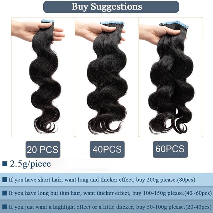 22Inch Curly Human Hair Extension PU Tape ins Natural Body Wave Tape On Real Human Hair Invisible Curly Tape in Hair Extensions Glue in Hair Extensions 20pcs 50g/Pack for Women Double Side