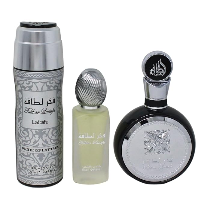 Lattafa Fakhar for Men 3 Piece Set (3.4 Oz Eau de Parfum Spray + 1.7 Oz Hair Mist + 6.7 Oz Deodorant Spray)