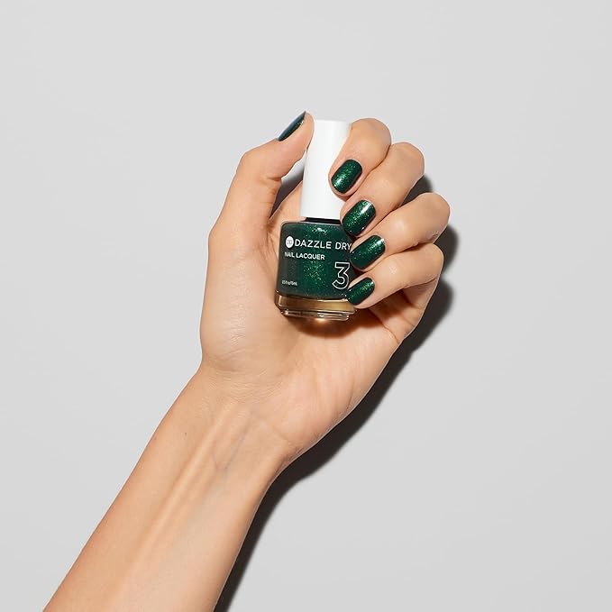 Dazzle Dry Nail Lacquer (Step 3) - Evergreen Lacquer - A pine green with blue glitter flecks. Full-coverage glitter. (0.5 fl oz)