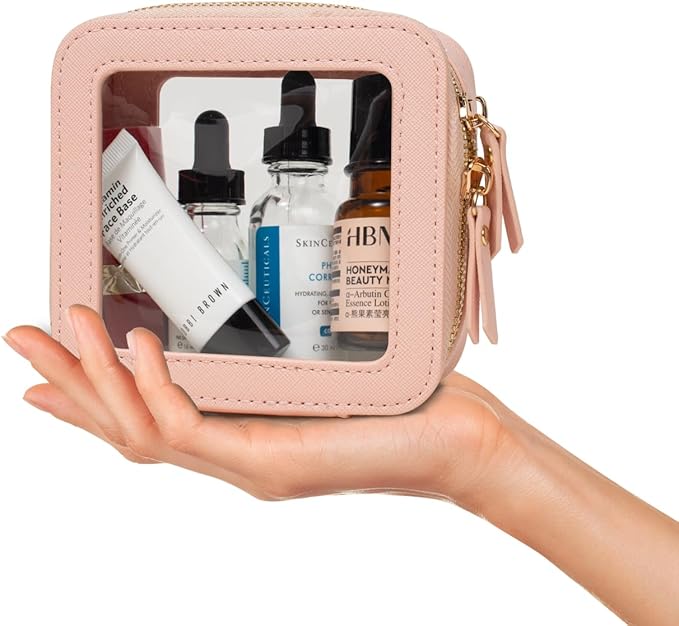 KOTORA Clear Makeup Bags TSA Approved Toiletry Bag Small Cute,Clear Toiletry Bags for Carry-on Traveling Travel Size Car Accessories Essentials Organziation Storage for Women Girls(Pink, Mini)