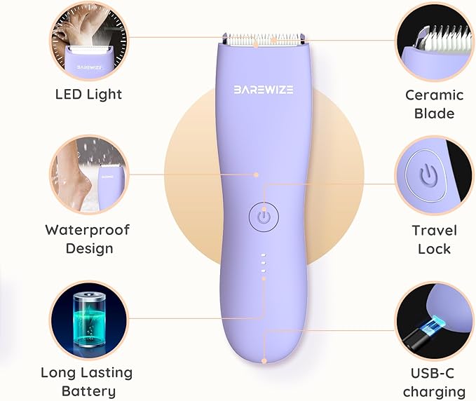 Bikini Trimmer for Women, Legs & Pubic Hair Trimmer | Waterproof, Type-C Rechargeable, LED Light, Replaceable Blade, Electric Razors for Women, Womens Body Shaver (Lilac Purple)