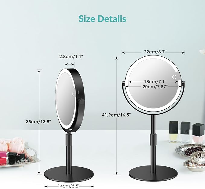 Lighted Magnifying Mirror 10X 1X Magnification, Double Sided Makeup Mirror, Rechargeable LED Beauty Mirror with 3 Color Setting, Adjustable Height Vanity Desk Mirror, Matte Black