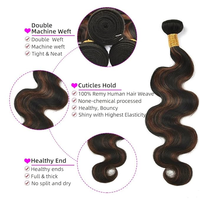 P1B30 Human Hair Bundles Body Wave Bundles Human Hair Two Tone Black and Brown With Highlights Brazilian Weave Soft and Silky for Women 26 28 30 Inch