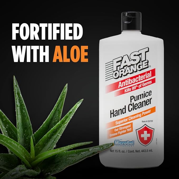 Fast Orange Permatex 25722 Antibacterial Pumice Hand Cleaner Fortified with Aloe, Kills 99% Germs on Hands, Waterless Cleaner for Oil Grease Mechanics, 15 Fl. Oz