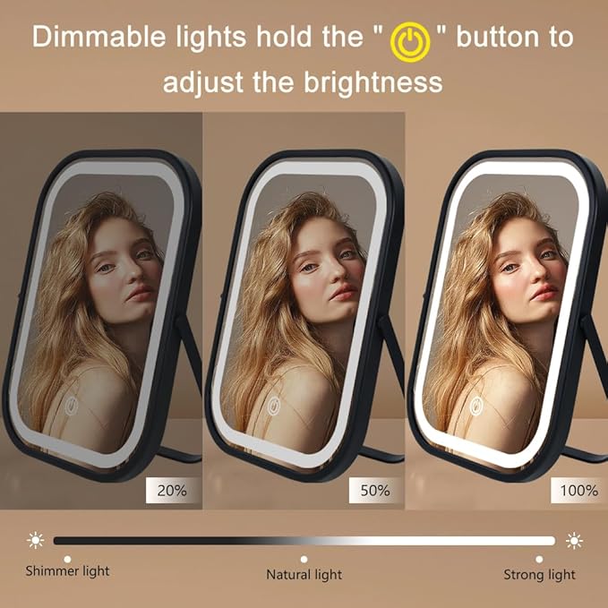 Travel Mirror with Lights, Small LED Makeup Mirror with Lights,Portable Desk Mirror 1200mAh Battery,3 Color Modes,Dimmable Touch Screen, Tabletop Folding Compact Mirror,Women Gift