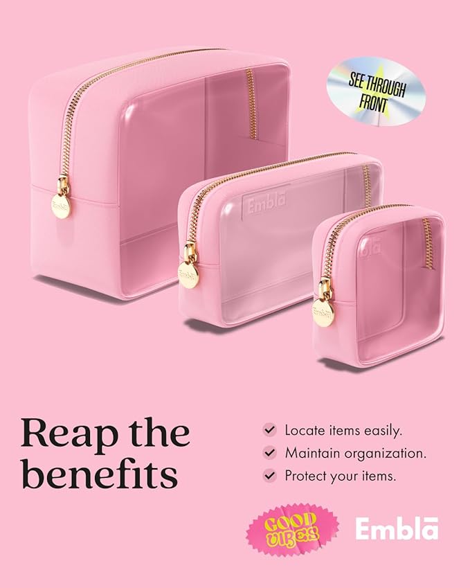 Clear Cosmetic Bags Set of 3, Mini Small Large Makeup Bags For Women Clear Pouch Cosmetics Cases Zipper Cute Pouches Make Up Travel Toiletry Essentials Preppy Purse Organizer Makeup Cases, Flamingo