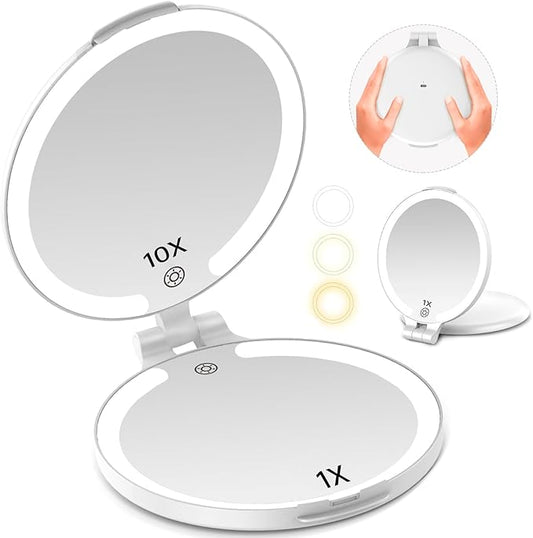 FUNTOUCH 7'' Travel Makeup Mirror with Lights 10X Magnifying, 3 Color Portable Double Side Vanity Mirror with Rechargeable for Travel Essential, Gifts for Women