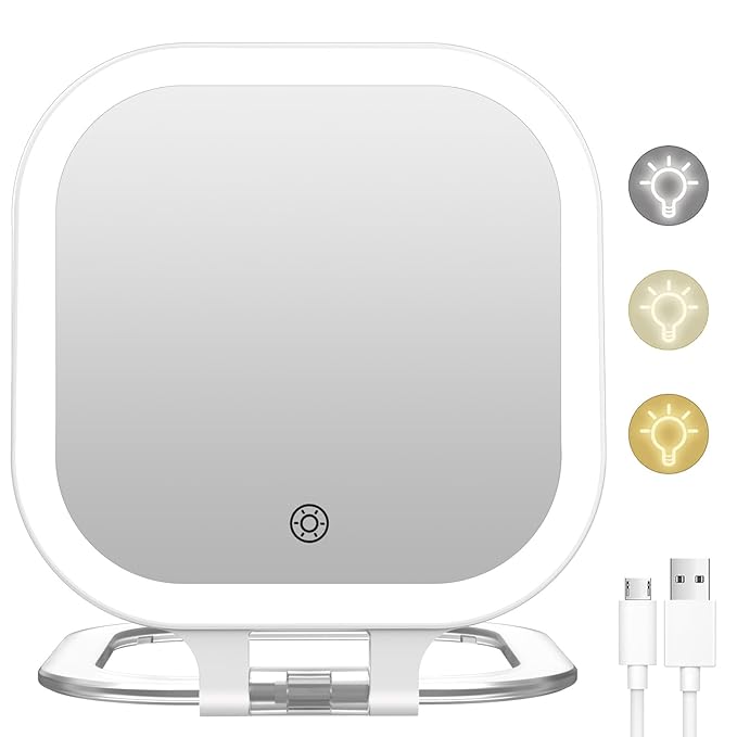FASCINATE 10X Magnification Rechargeable Travel Makeup Mirror, Lighted Portable Vanity Mirror with 3 Colors Lighting & Stepless Dimming, Double Sided LED Mirror, Gift for Women (White)