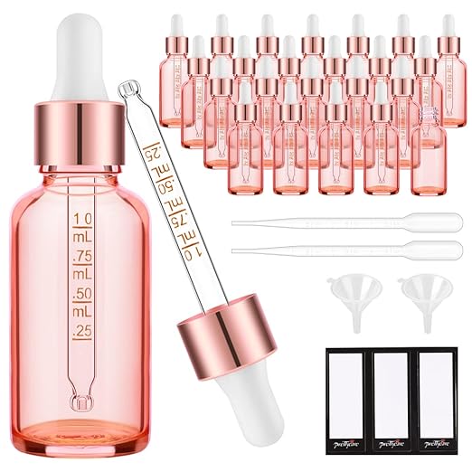 24 Pack 2 Oz Glass Eye Dropper Bottles Rose, 60 ml Empty Tincture Dropper Bottle with Scale droppers, 1 Extra Cap, 2 Plastic Funnels, 2 Pipettes & 48 stickers for Essential Oils, Body Oil