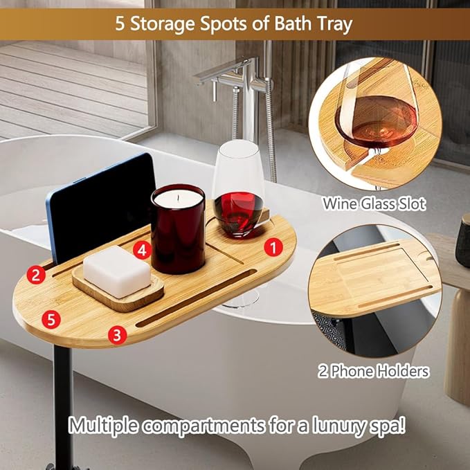 3 Layer Bathtub Tray Table,Bamboo Swivel Bathtub Side Table Height Adjustable,Freestanding Bathtub Tray for Tub Against Wall,Bathtub Accessories&Bathroom Organizer for Luxury Home Spa-Natural