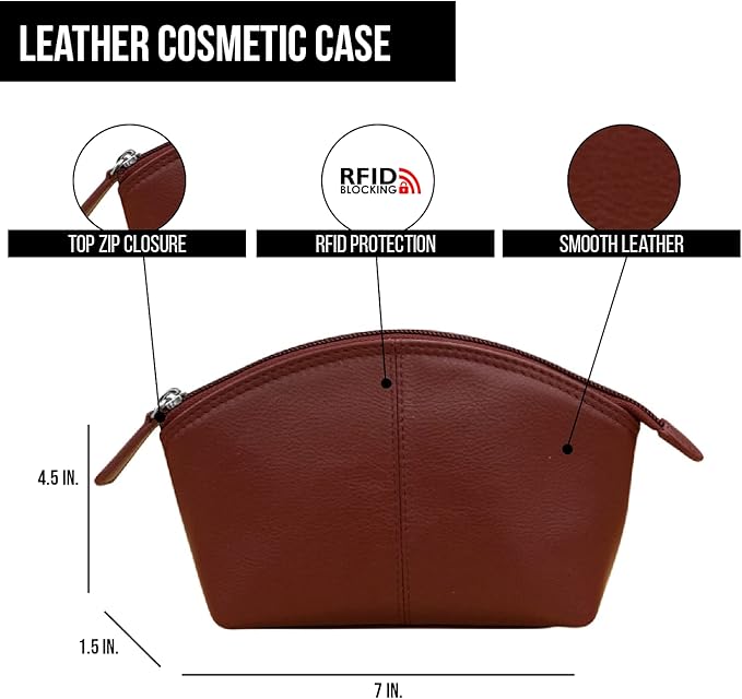 ili New York Genuine Leather Cosmetic Pouch – RFID Blocking, Leather Makeup Bag for Purse with Top Zip Closure & Interior Zip Pocket, Perfect as a Compact and Stylish Travel Cosmetic Bag