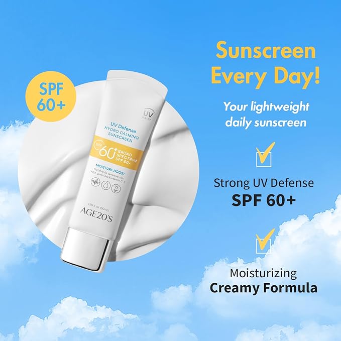 AGE20'S UV Defense Hydro Calming Sunscreen SPF 60+ | Korean Sunscreen | Moisturizing Creamy Formula, No White Cast, Lightweight Finish | Green Tea + Aloe Vera | Dermatest Excellent | 1.69 fl.oz*1