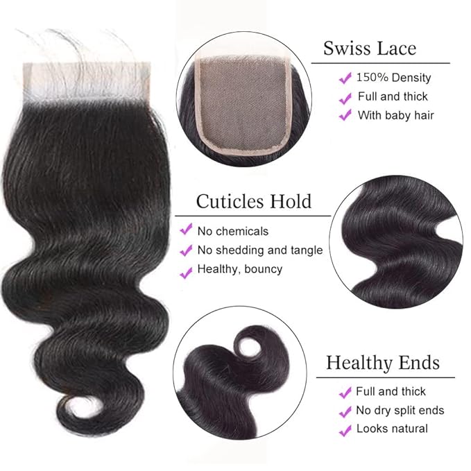 Bundles with Closure Human Hair Body Wave 16 16 16+14 Inch 100% Unprocessed Brazilian Virgin Human Hair 3 Bundles with Closure Human Hair Extensions with 4x4 Free Part Lace Closure Natural Black