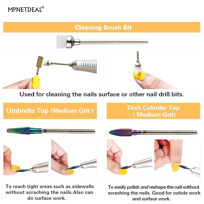 Tungsten Carbide Nail Drill Bits Set 7Pcs, Durable Less Dust, 3/32 inch for Acrylic Gel Nails Cuticle Manicure, Professional Acrylic Nail File Drill Bit
