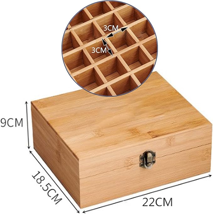 Pure Vie Bamboo Essential Oil Storage Box Travel Organizer Case with Bottle Cap Label - Aromatherapy Nail Polish Fragrance Container, Holds 30 Bottle for 5-15ml - Keep Scented Oil Safe & Space Saver