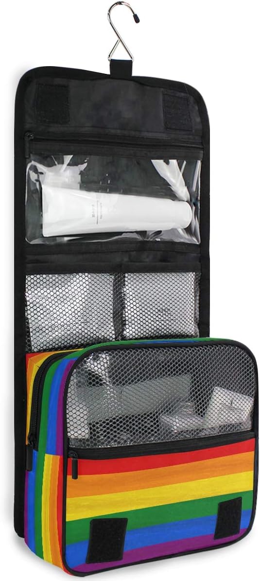 YVONAU Hanging Toiletry Bag Rainbow Pride Flag Stripe Portable Travel Cosmetic Makeup Bag Bathroom Shower Shaving Kit Organizer Bag for Men Women