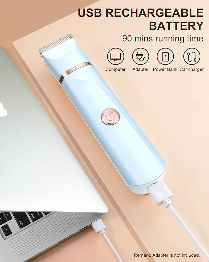 Bikini Trimmer for Women,Electric Razor for Pubic Hair,Rechargeable Bikini Trimmer,Electric Shaver for Women,Removal with Snap-in Ceramic Blades IPX7 Washable Head,Wet and Dry Use, Light Blue