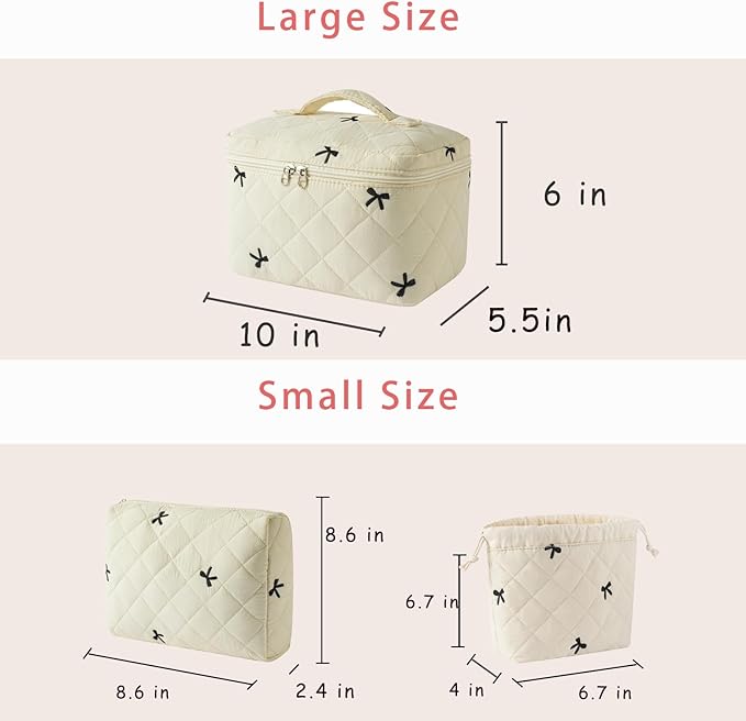 3pcs Large Cotton Quilted Makeup Bag Set,Coquette Aesthetic Cute Travel Toiletry Bag,Drawstring Gift Bag for Women and Girls(3Pcs Beige Bow)