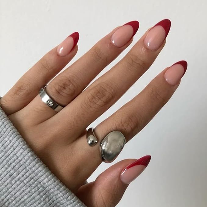 Modelones Press on Nails Almond, Short Red French Tip Fake Nails Chrome, Spring Easter Nail Kit with Nail Glue Adhesive Tabs Mini Nail File, Nails Press Ons 32Pcs 16 Sizes, Women Girl Gift