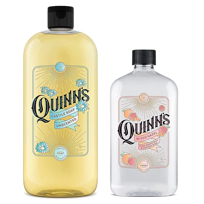 Quinn's Pure Castile Organic Unscented Liquid Soap 32 oz Alcohol Free Pink Grapefruit and Orange Rind Witch Hazel with Aloe Vera 16oz