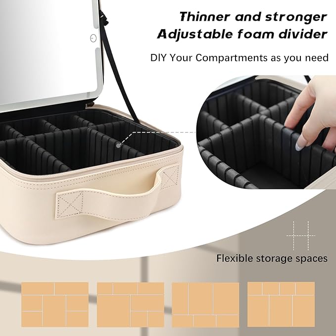 Travel Makeup Bag with LED Lighted Mirror,Cosmetics Organizer, Makeup Bag with 3 Color Lighted Setting, Portable Storage and Adjustable Dividers Travel Makeup Bag(White)