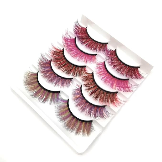 Sunniess Ombre Colored Lashes Silk Protein Fluffy Wispy Volume Fake Lashes for Halloweens Cosplay Party Stage Russian D Curl Lashes with Color Make up Faux Mink False Eyelashes