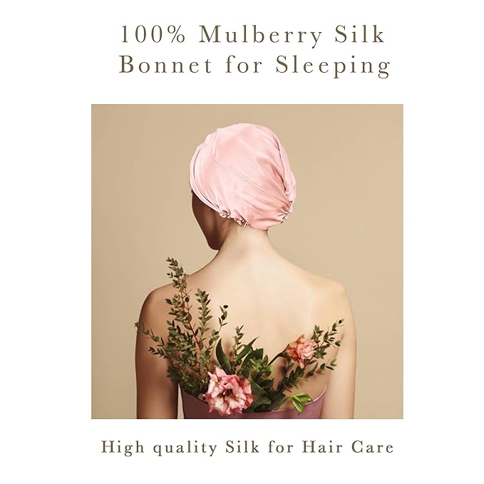 Simnice 100% Mulberry Silk Bonnet for Women - Silk Hair Bonnet with Elastic for Long Curly Hair, Double Layered Sleep Caps for Women, Light Pink