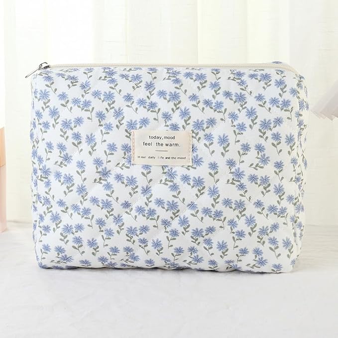 Makeup Bag, 3 PCS Quilted Makeup Bag, Cute Floral Cotton Cosmetic Bag set, Coquette Makeup Pouch Large Travel Toiletry Bag