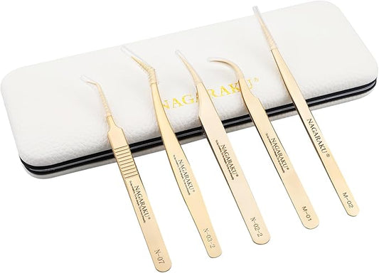 NAGARAKU 5 PCS Tweezers for Eyelash Extensions Straight and Curved Precision Professional Tweezer for Lash Extensions Volume Easy Fanning lash Precise Point with Storage Case Bag
