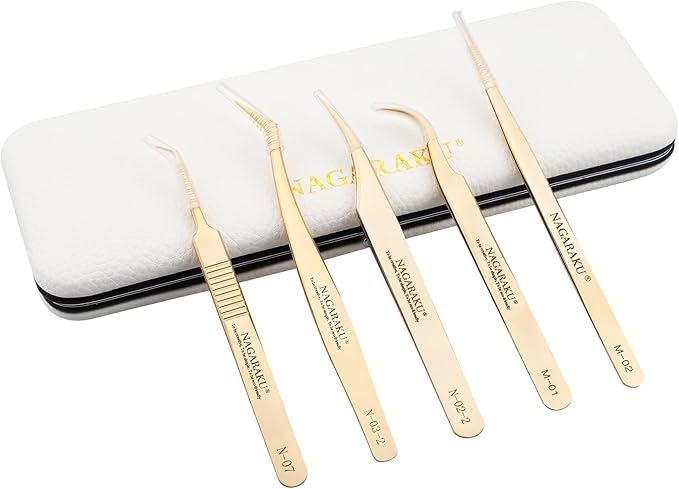 NAGARAKU 5 PCS Tweezers for Eyelash Extensions Straight and Curved Precision Professional Tweezer for Lash Extensions Volume Easy Fanning lash Precise Point with Storage Case Bag
