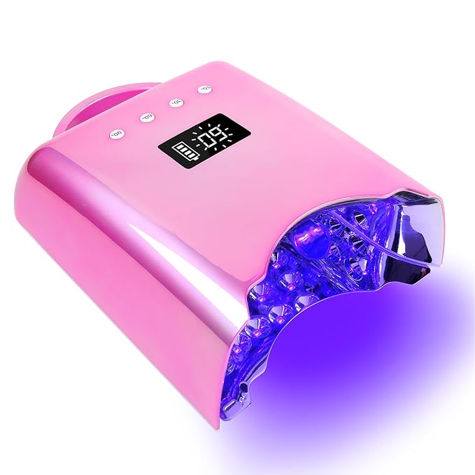 Professional UV LED Nail Lamp, Cordless Rechargeable UV Light for Gel Nails, 78W Fast Curing Gel Nail Light with 4 Timer Setting LCD Display, Auto Sensor and Spacious Interior(Metallic Pink)