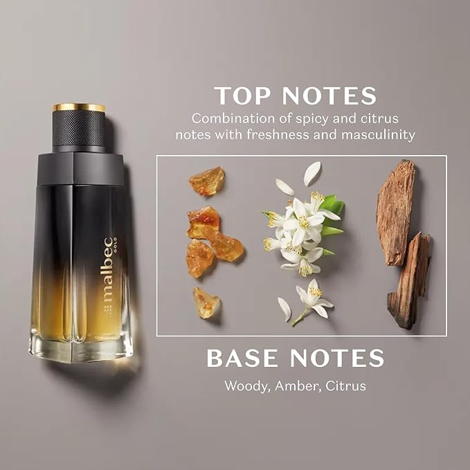 Malbec Exquisite Gold Eau de Toilette By O Boticário, Cologne For Men Long Lasting Men's Fragrance, French Oak Barrel-Aged Red Wine & Amber Scent, 3.4 Ounce