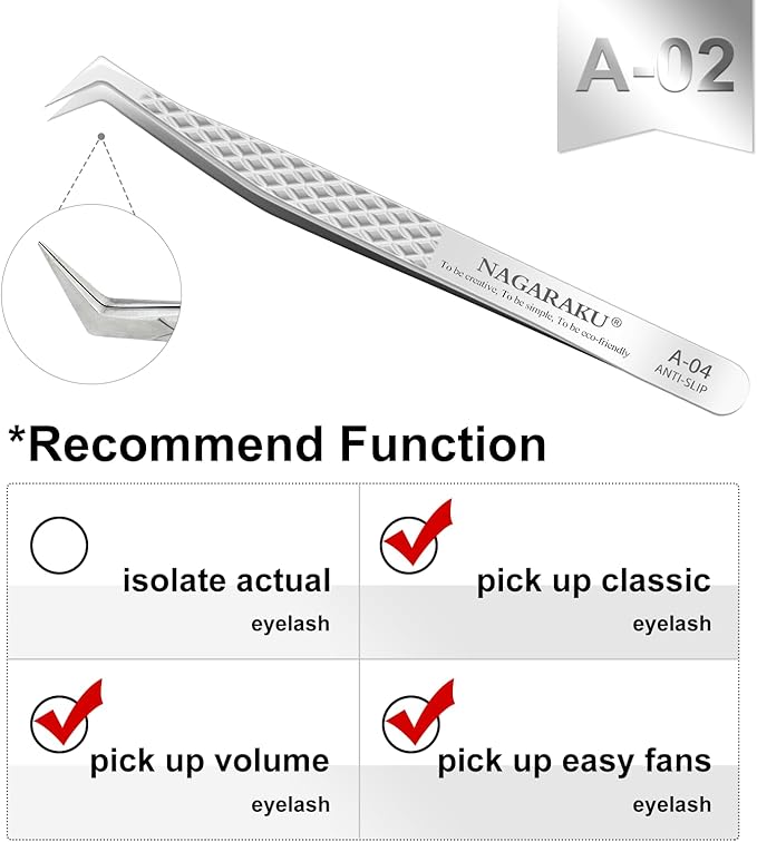NAGARAKU Eyelash Extension Tweezers Diamond Grip with Pattern on tip Precision Durable Curved Professional for Classic Lash Fanning Volume (A-04)