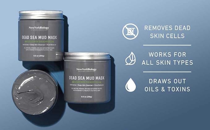 New York Biology Dead Sea Mud Mask for Face and Body Infused with Eucalyptus - Spa Quality Pore Reducer for Acne, Blackheads and Oily Skin - Tightens Skin for A Healthier Complexion - 8.8 oz
