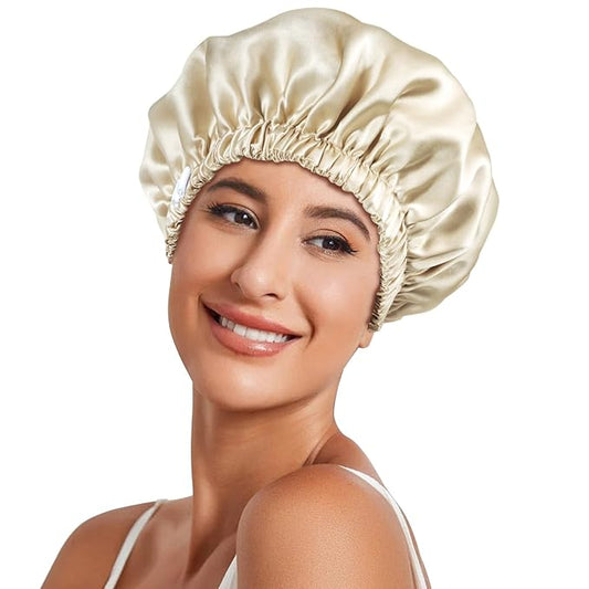 22 Momme 100% Mulberry Double Silk bonnet for sleeping women Double Layer lined Stay On Head for Hair Care with adjustable elastic Band Non-Slip Silk Turban Curly Hair silk hair cap Gold