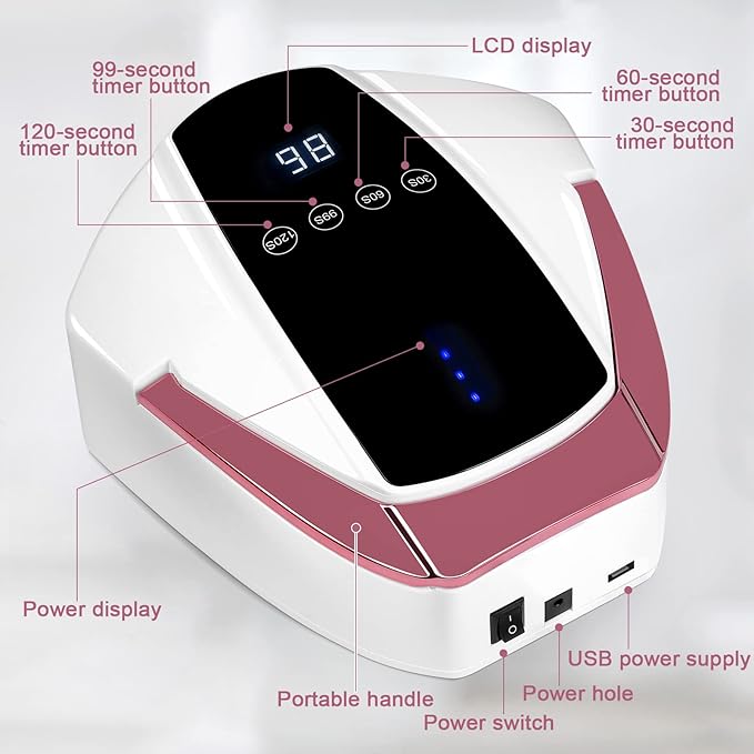 96W Rechargeable UV Light for Nails - Cordless LED Lamp With Portable Handle, Auto Infrared Sensor, 4 Timers - Professional Curing Tool for Gel Polish (White)