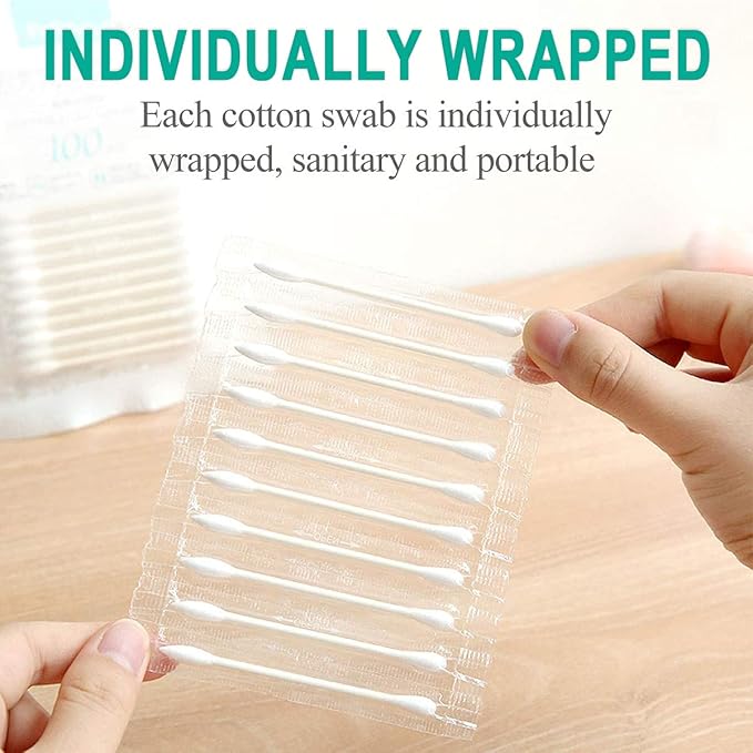 200 Pack Cotton Swab Individually Wrapped, Individually Wrapped Double Tipped Cotton Swabs Paper Sticks Cotton Buds(White, Round/Pointed End)