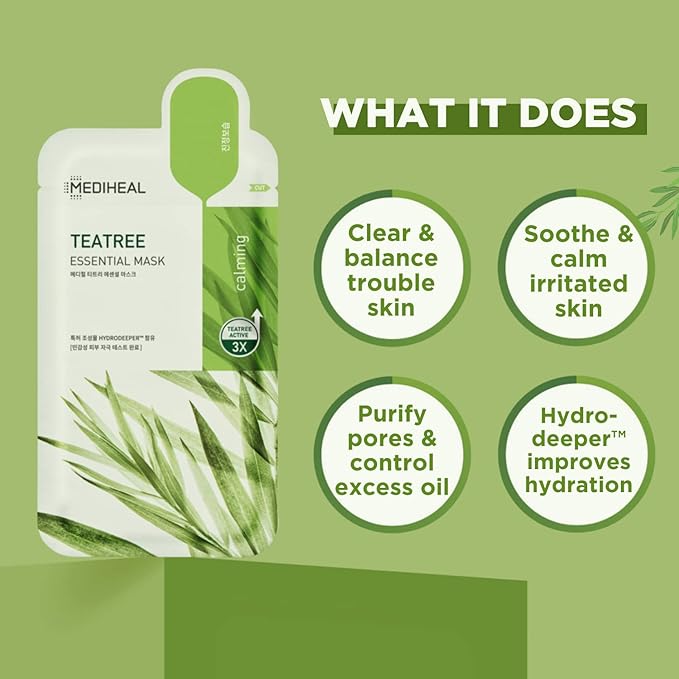 Mediheal Official Best Korean Sheet Mask - Tea Tree Essential Face Mask 4 Sheets Skin Soothing Treat Blemishes Sebum Control For All Skin Types
