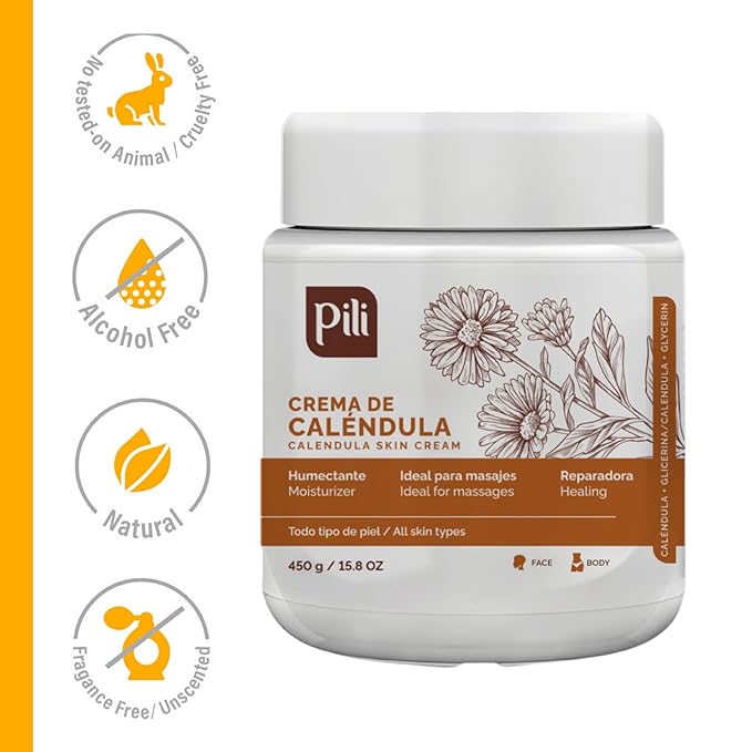 Pili Natural Calendula Cream – Hydrating Moisturizer for Dry, Rough, or Chapped Skin – Soothing Face, Hand & Body Cream – Crema de Caléndula with Beeswax & Glycerin – 15.8 oz