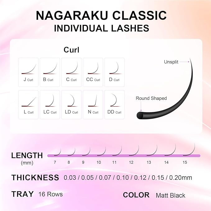 NAGARAKU Eyelash Extensions Individual Lashes 0.05mm D curl 11mm Classic Super Matte Black Soft Natural Faux Mink 16 rows Stable curl