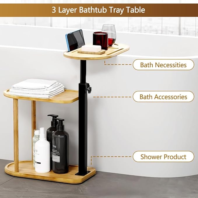 3 Layer Bathtub Tray Table,Bamboo Swivel Bathtub Side Table Height Adjustable,Freestanding Bathtub Tray for Tub Against Wall,Bathtub Accessories&Bathroom Organizer for Luxury Home Spa-Natural