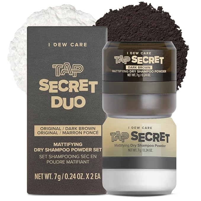 I DEW CARE Biotin Clarifying Dry Shampoo - Tap Secret Dark Original & Dark Brown Duo set | Strengthening & Volumizing, Powder Type, Refillable, Travel size, Mother's Day, 0.24 Oz * 2ea