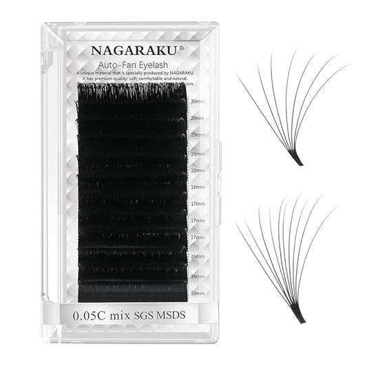 NAGARAKU Easy Fan Eyelash Extensions Volume Lash 0.05 C curl 15mm Rapid Blooming Faux Mink Cluster For Beginners Soft Professional Lash Supplies