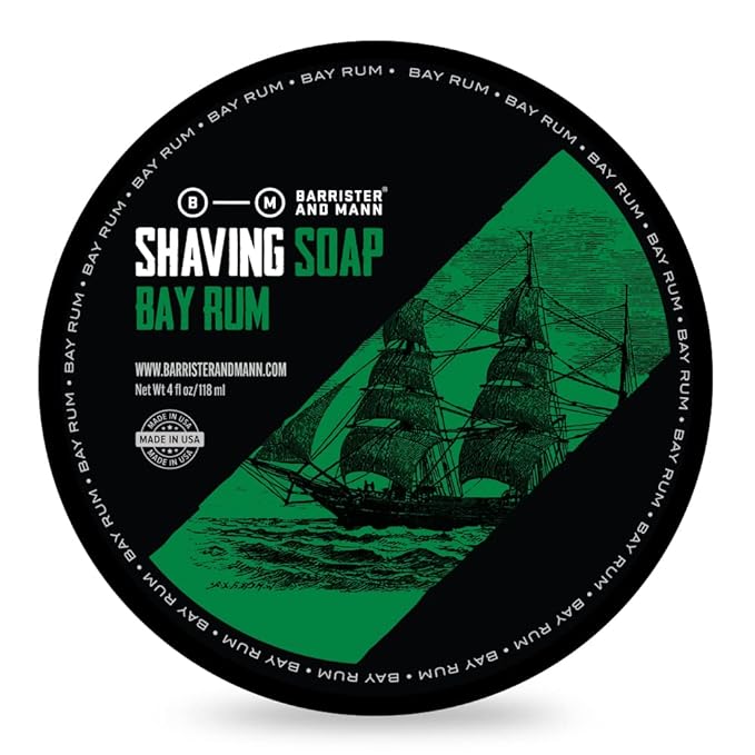 Barrister and Mann Shaving Soap | Luxury Dense, Rich & Creamy Lather Tallow Wet Shave Puck Infused Black Strap Rum & West Indie Bay, Sweet Orange, Cinnamon | Grooming Routine for Men 4 Oz (Bay Rum)