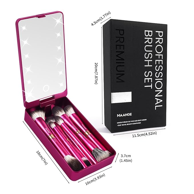 MAANGE 12 Pcs Makeup Brush Set Double-ended Kabuki Brush Travel Makeup Brushes for Foundation Powder Concealers Eye Shadows Makeup Tools Set with LED light Mirror (Pink)
