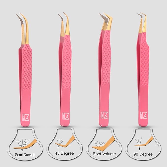 M LASH Tweezers for Eyelash Extensions (Set of 4) - Professional Lash Extension Tweezers - Fiber Tip, Japanese Steel, Diamond Grip Eyelash Extension Tweezer (Pink)