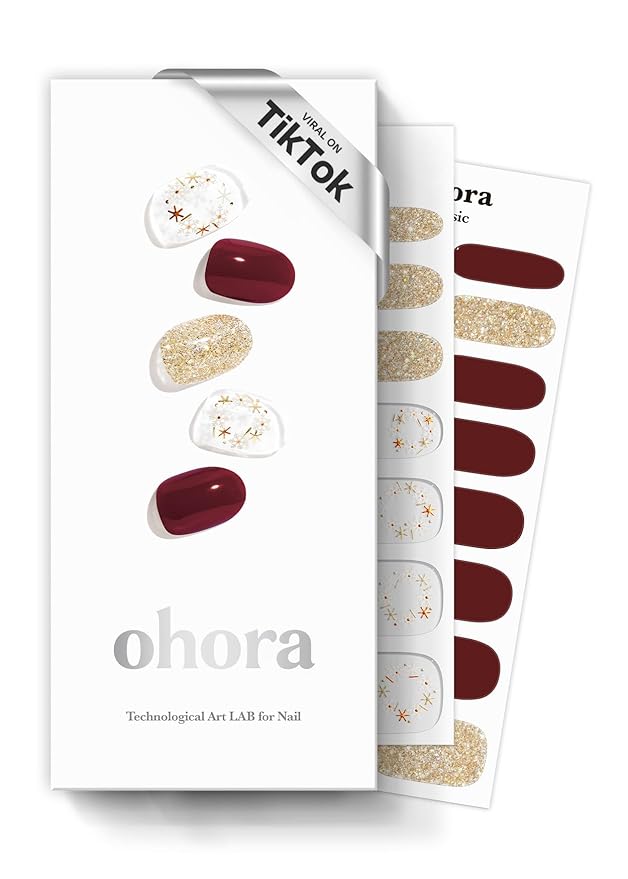 ohora Semi Cured Gel Nail Strips (N Poinsettia) - Red, Patterned, Works with Any UV/LED Lamps, Salon-Quality, Long Lasting, Easy to Apply & Remove - Includes 2 Prep Pads, Nail File & Wooden Stick