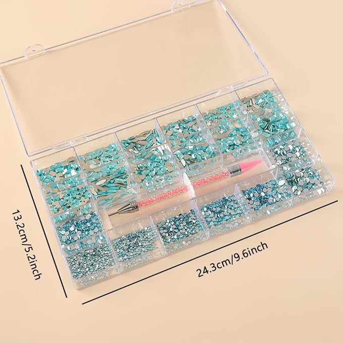 Nail Art Rhinestones 12 Kinds of 600 PCS + 6600 Pieces Flat Back Rhinestones Mixed Different Size Flat Back Rhinestones Crystals 3D Decoration Flat Back Stones Gemstone Set for Nail Art DIY（lake blue）